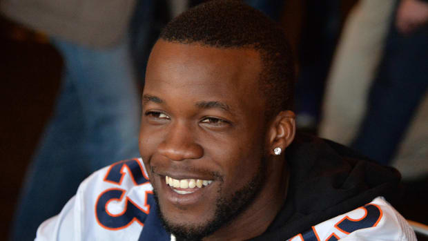 Denver Broncos running back Ronnie Hillman addresses the media at a press conference before Super Bowl 50.